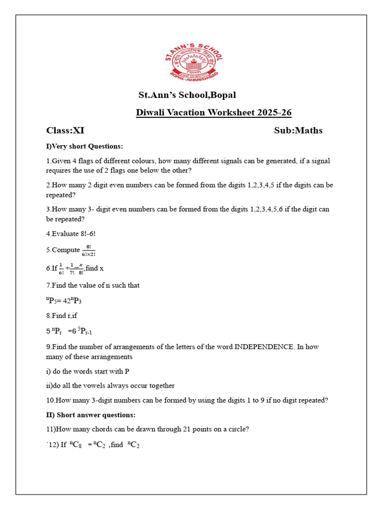 Class 11 Diwali Vacation Maths | PDF | Number Theory | Discrete Mathematics