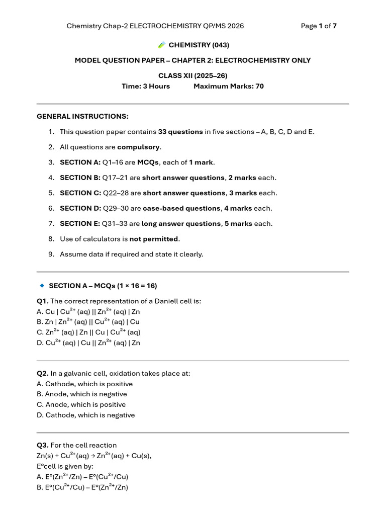 Chemistry Class 12 Electrochemistry QP 2026 | PDF | Electrochemistry ...