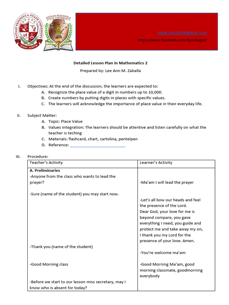 Place Value Lesson Plan for Grade 2 | PDF | Numbers | Lesson Plan