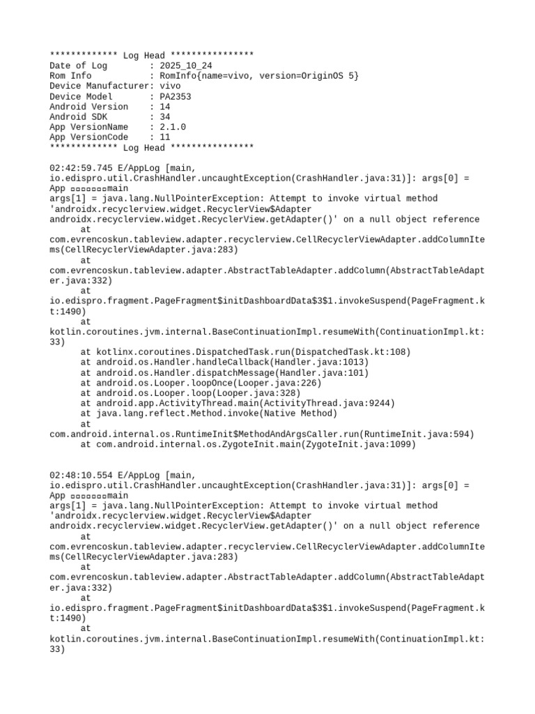 Vivo App Crash Log Analysis | PDF | Java (Programming Language ...