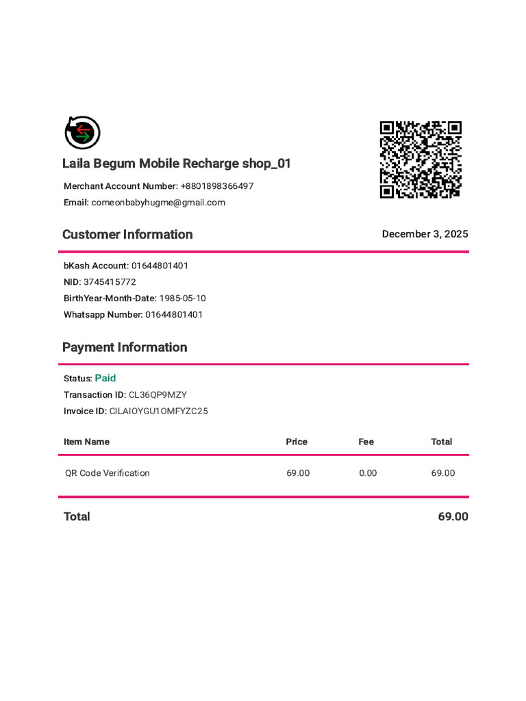 Laila Begum Mobile Recharge Invoice | PDF