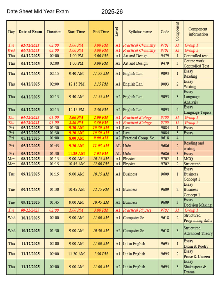 Mid Year Exam Schedule 2025-26 | PDF | Liberal Arts Education | Science