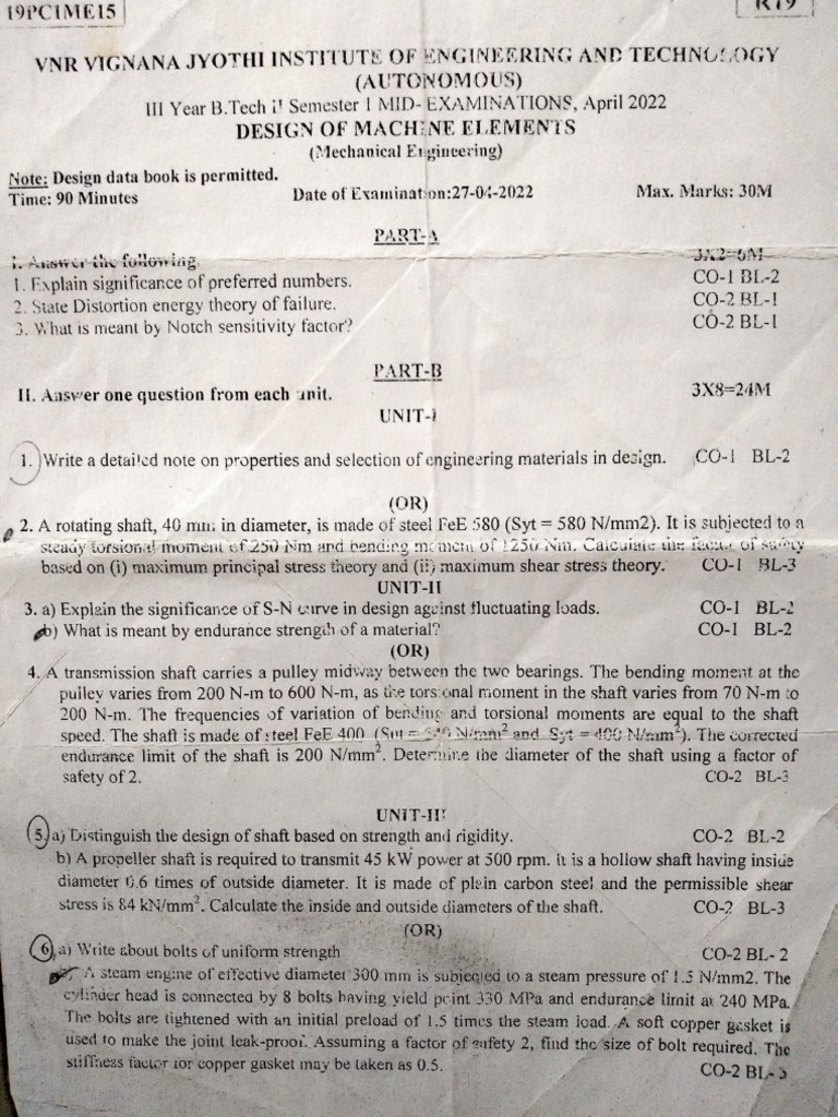 Design of Machine Elements Exam Paper | PDF | Belt (Mechanical) | Gear