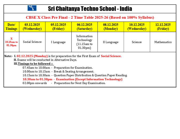 CBSE X Class Pre Final Exam Schedule 2025 | PDF