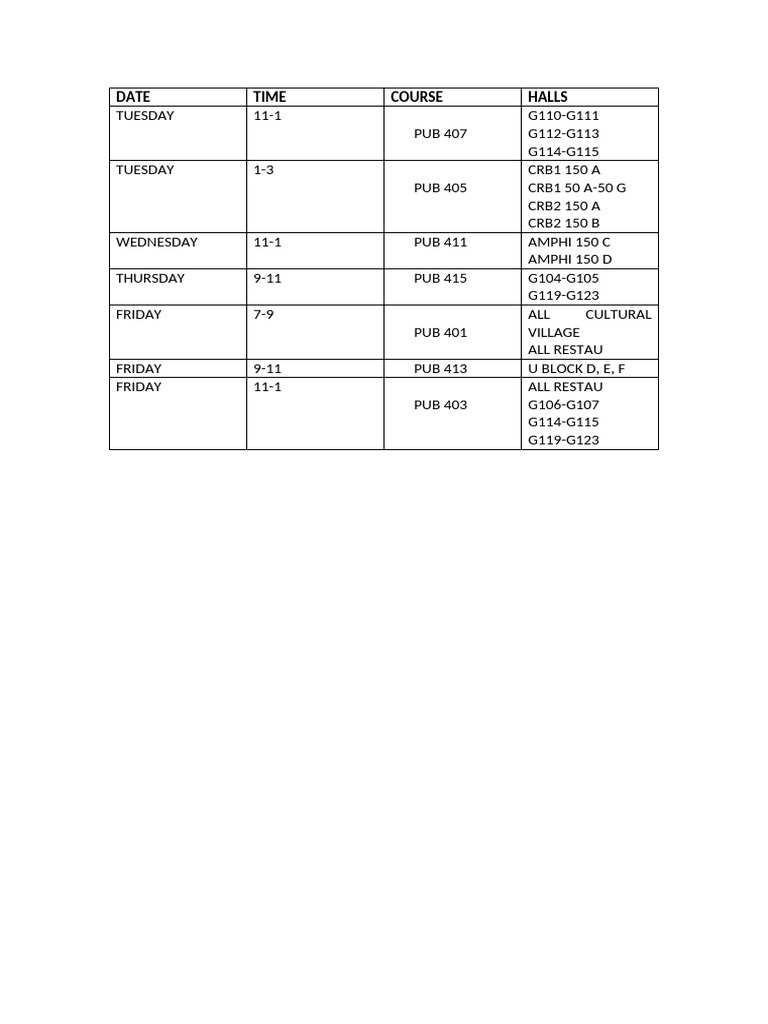 Weekly Course Schedule Overview | PDF