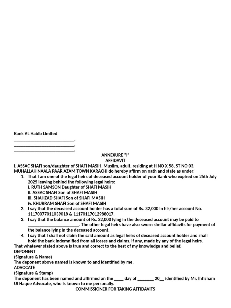 Affidavit for Deceased Bank Account Heirs | PDF | Affidavit | Practice ...