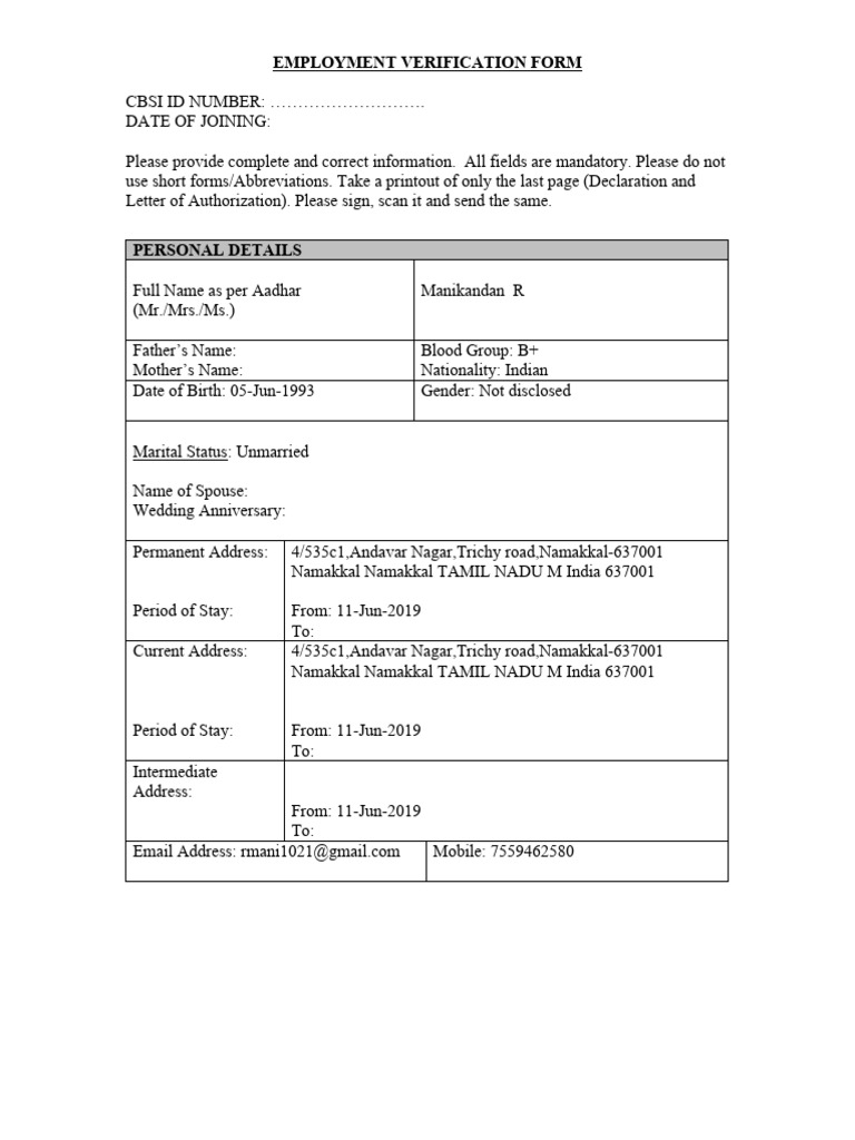 Employment Verification Form Template | PDF