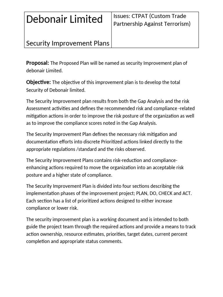 Debonair Limited Security Improvement Plan | PDF | Risk | Regulatory ...