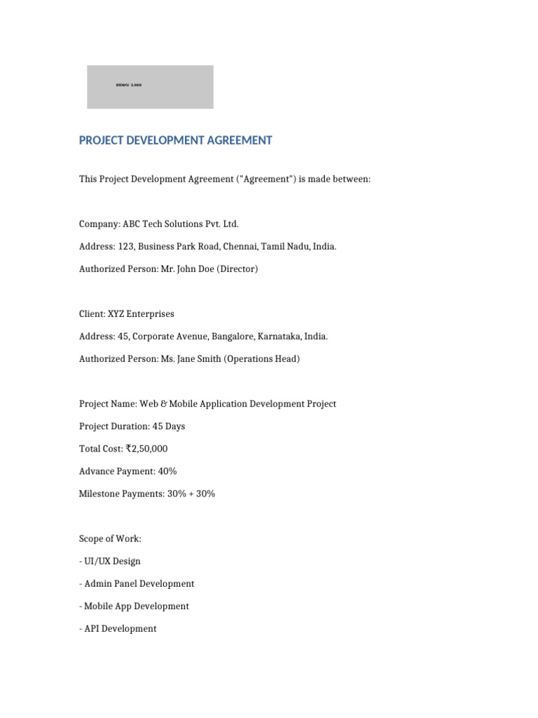 Project Development Agreement Template | PDF