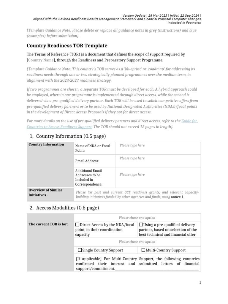4 Country Readiness Tor Template 20250401 | PDF | Climate Resilience ...
