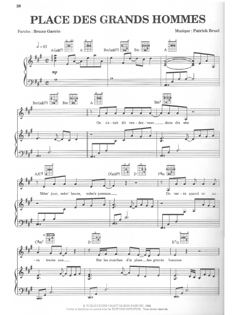 Gratuite A Imprimer Partition Piano Mistral Gagnant Facile Pdf Place Des Grands Hommes (Patrick Bruel) | PDF