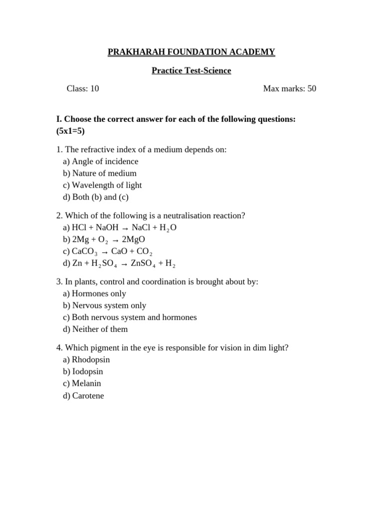 Class10 Science Question Paper-3 (1) | PDF | Hydrochloric Acid | Chemistry