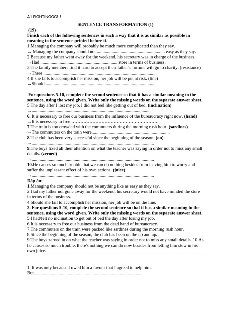 Sentence Transformation Exercises | PDF