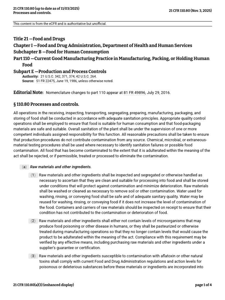21 CFR 110.80 (Up To Date As of 11-03-2025) | PDF