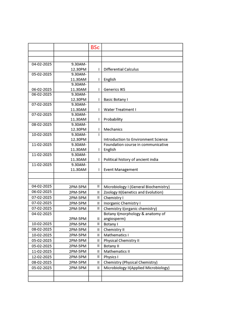 Exam Schedule for Various Courses 2025 | PDF | Botany | Science
