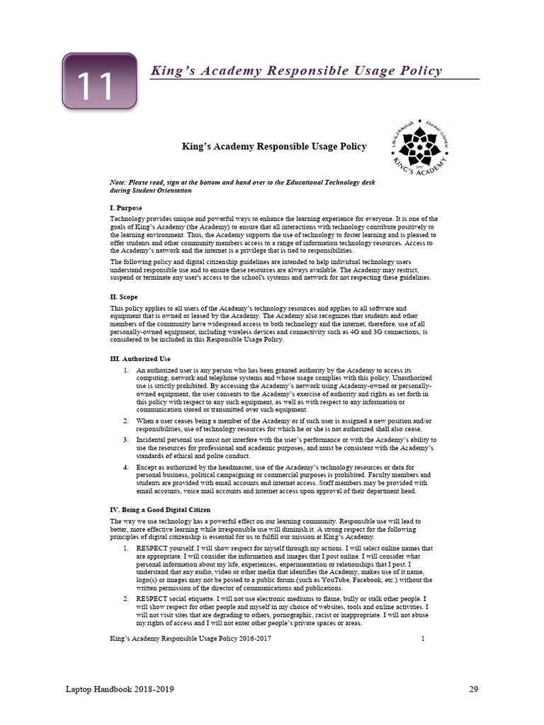 King's Academy Technology Usage Policy | PDF | Internet | Computer Network