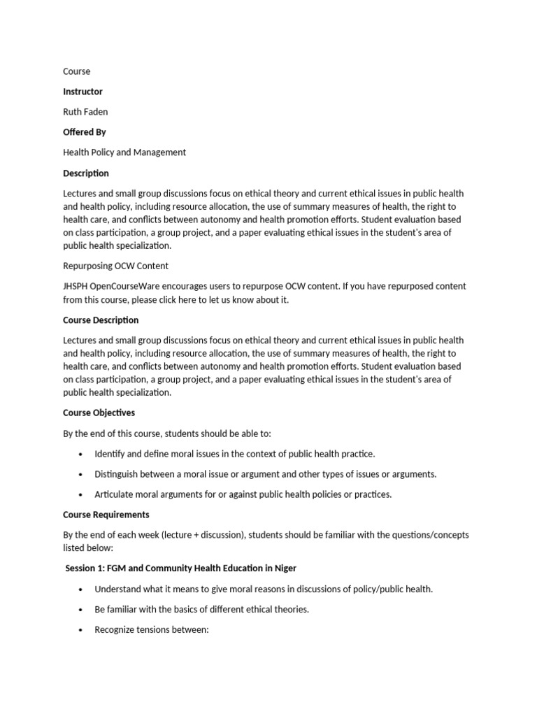 Ethical Issues in Public Health Course | PDF | Rights | Justice