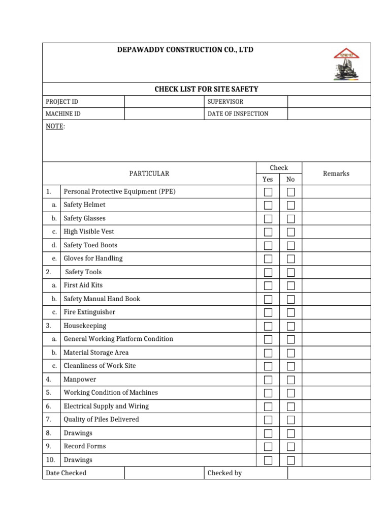 Site Safety Checklist for Construction | PDF