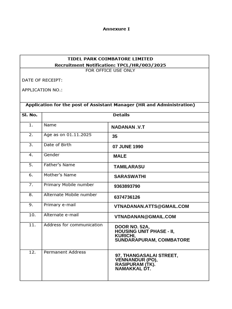 TPCL Assistant Manager HR Application | PDF