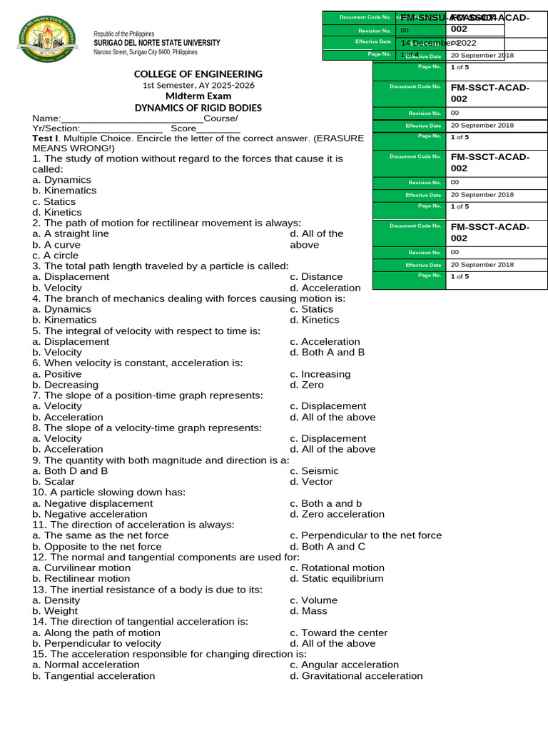 Dynamics Midterm Exam 2025 | PDF | Acceleration | Force