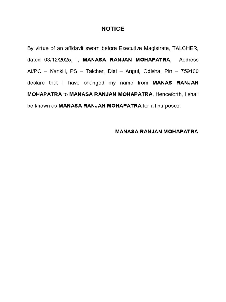 Name Change Notice for Manasa Ranjan Mohapatra | PDF