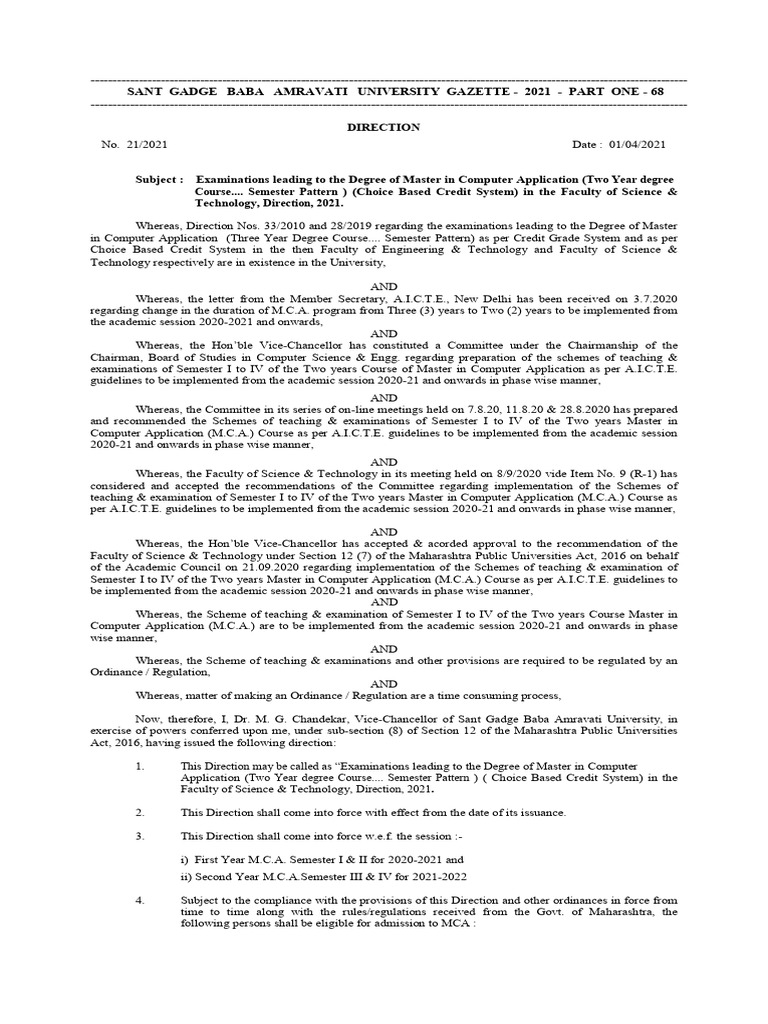 MCA Two-Year Course Regulations 2021 | PDF | Academic Degree | Master ...