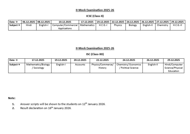 ICSE & ISC Mock Exam Schedule 2025-26 | PDF