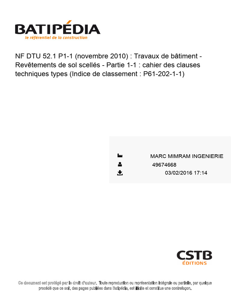 Cahier des clauses techniques NF DTU 52.1 | PDF | Mortier (matériau ...