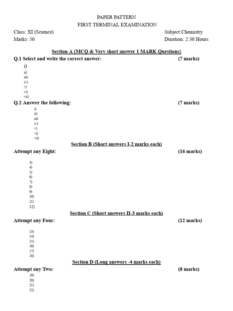 Class XI Chemistry Exam Paper Pattern | PDF