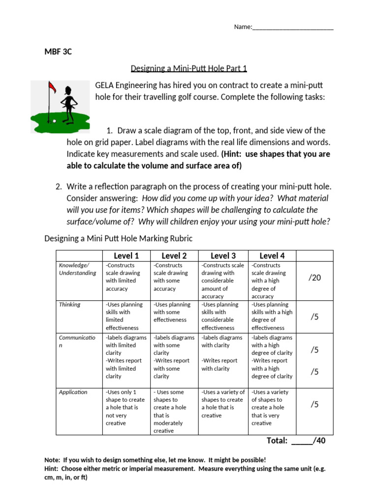 Mini Putt Hole Design Project Guide | PDF