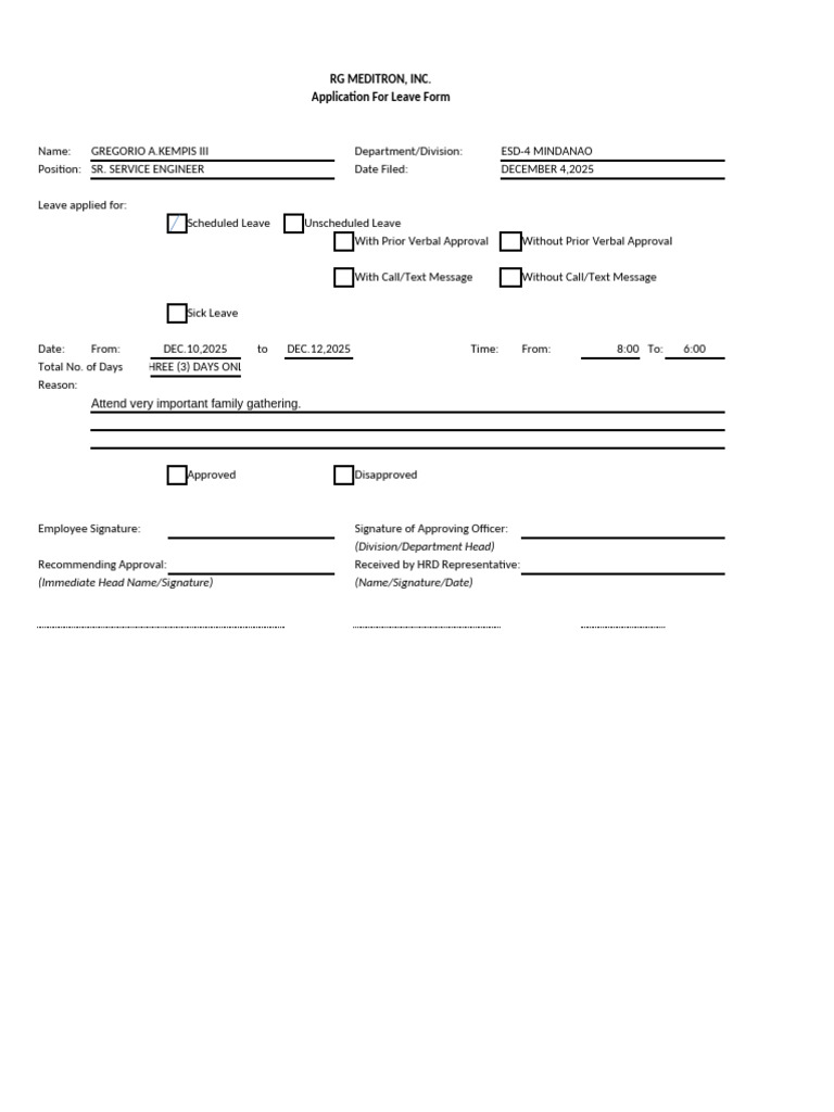 Leave Application for Gregorio A. Kempis III | PDF