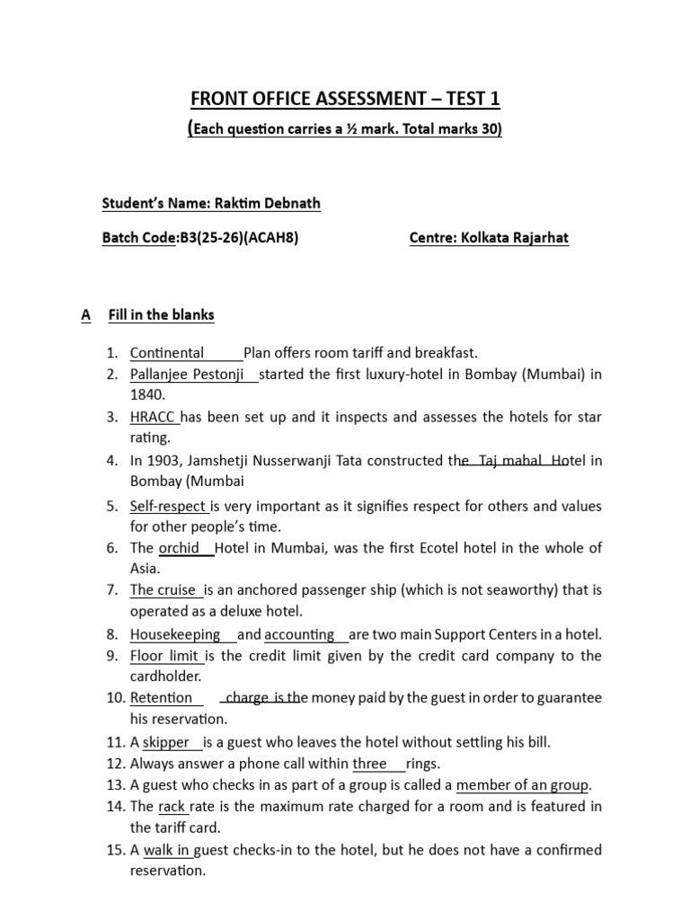 Front Office Assessment Test - 1 (1) (3) (2) | PDF | Hotel | Payments