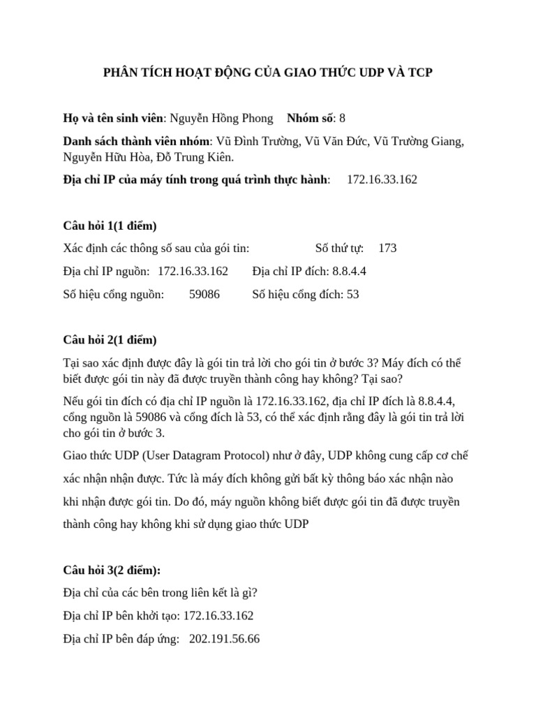 Phân Tích Ho T Đ NG C A Giao TH C Udp Và TCP | PDF