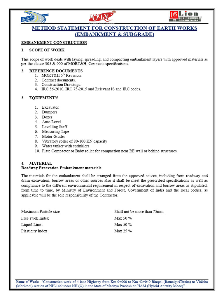 Method Statement For Construction of Earth Works | PDF | Levee | Road