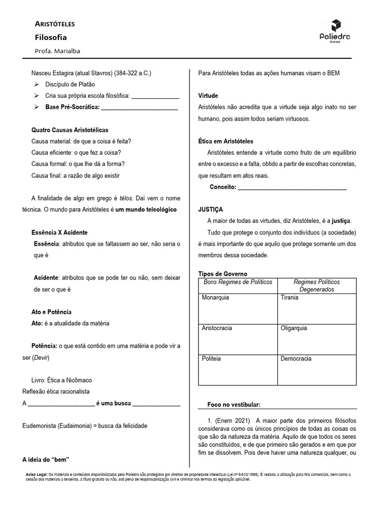 Filosofia de Aristóteles: Causas e Virtudes | PDF | Aristóteles