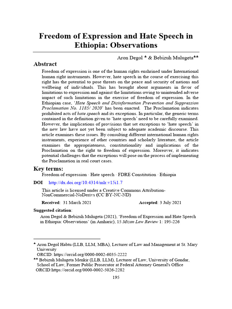 Freedom of Expression and Hate Speech in Ethiopia: Observations | PDF