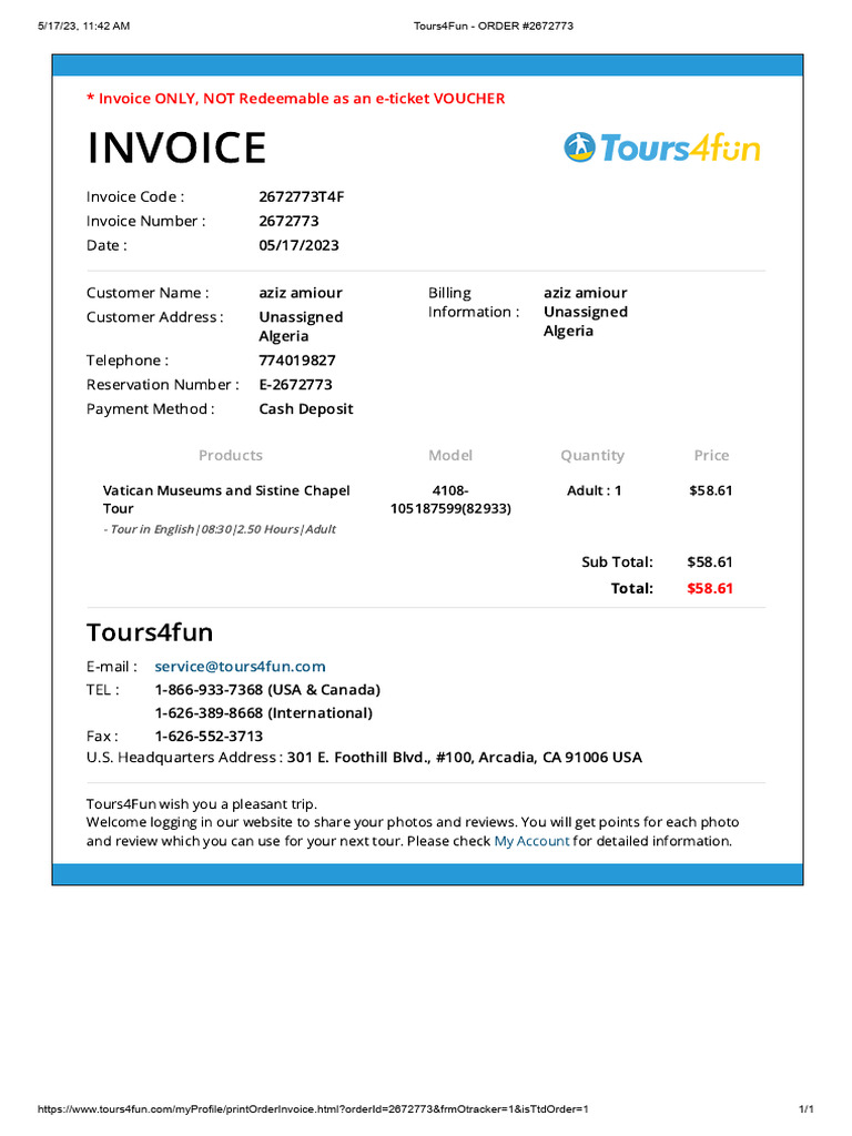 Tours4fun - Order #2672773 | PDF