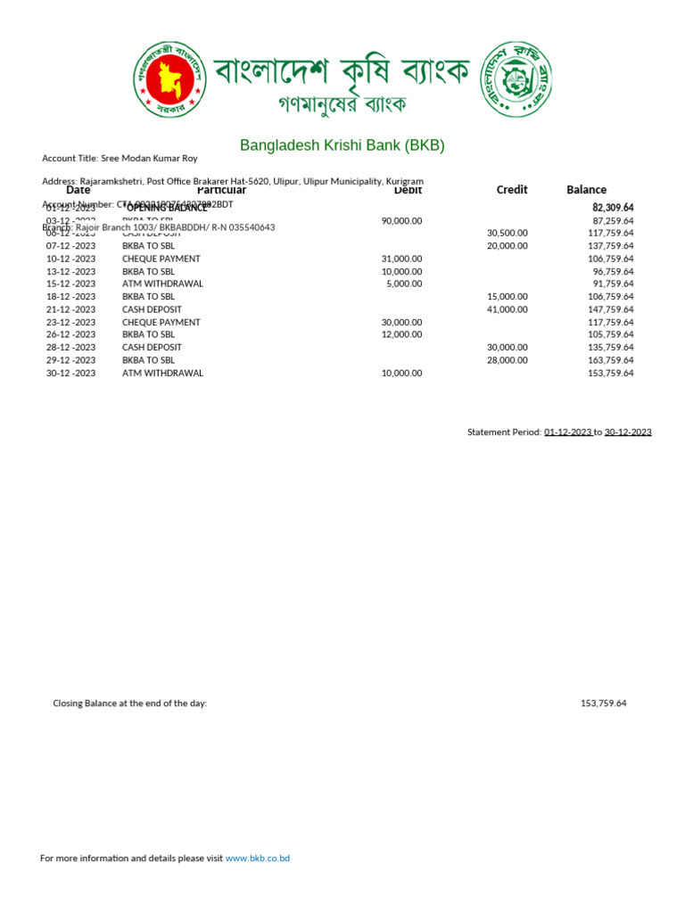 BKB Account Statement: Dec 2023 | PDF | Cheque | Payments