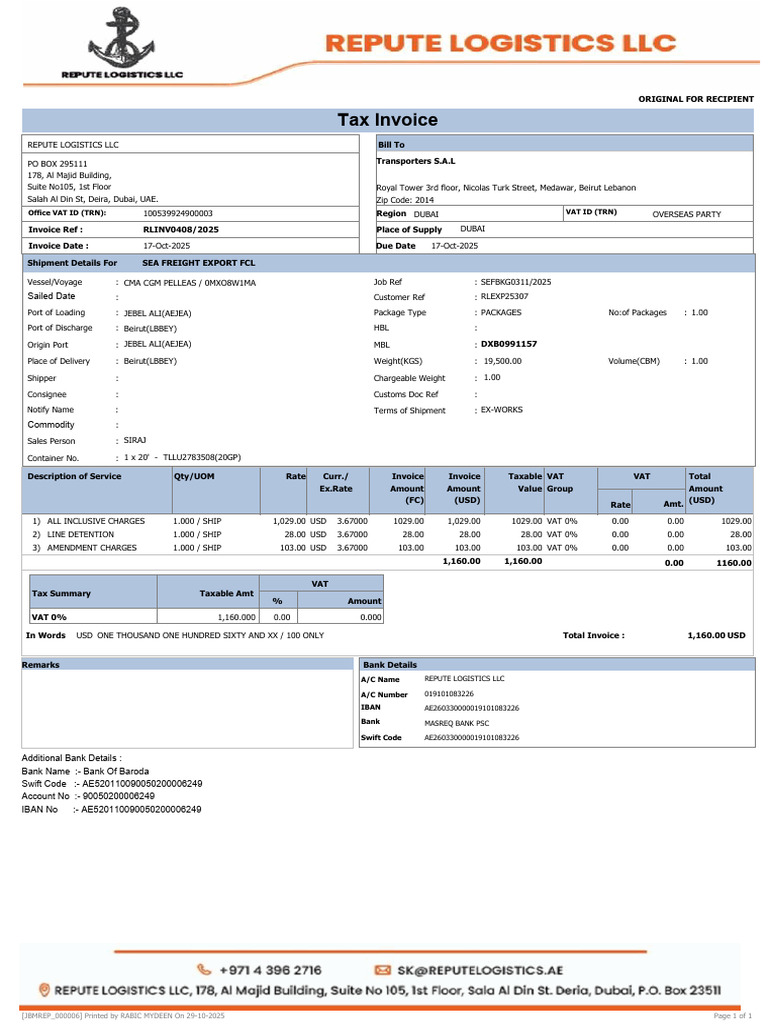 Dubai Sea Freight Invoice Details | PDF | Value Added Tax | Freight ...