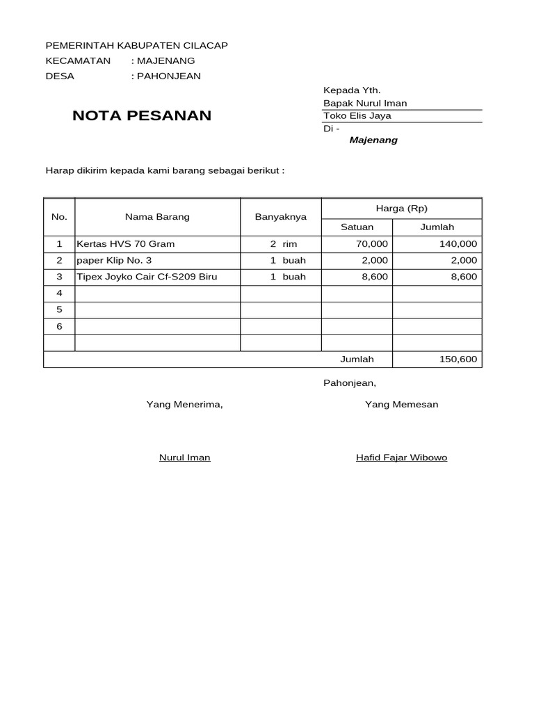 Nota Pesanan Barang Desa Pahonjean | PDF