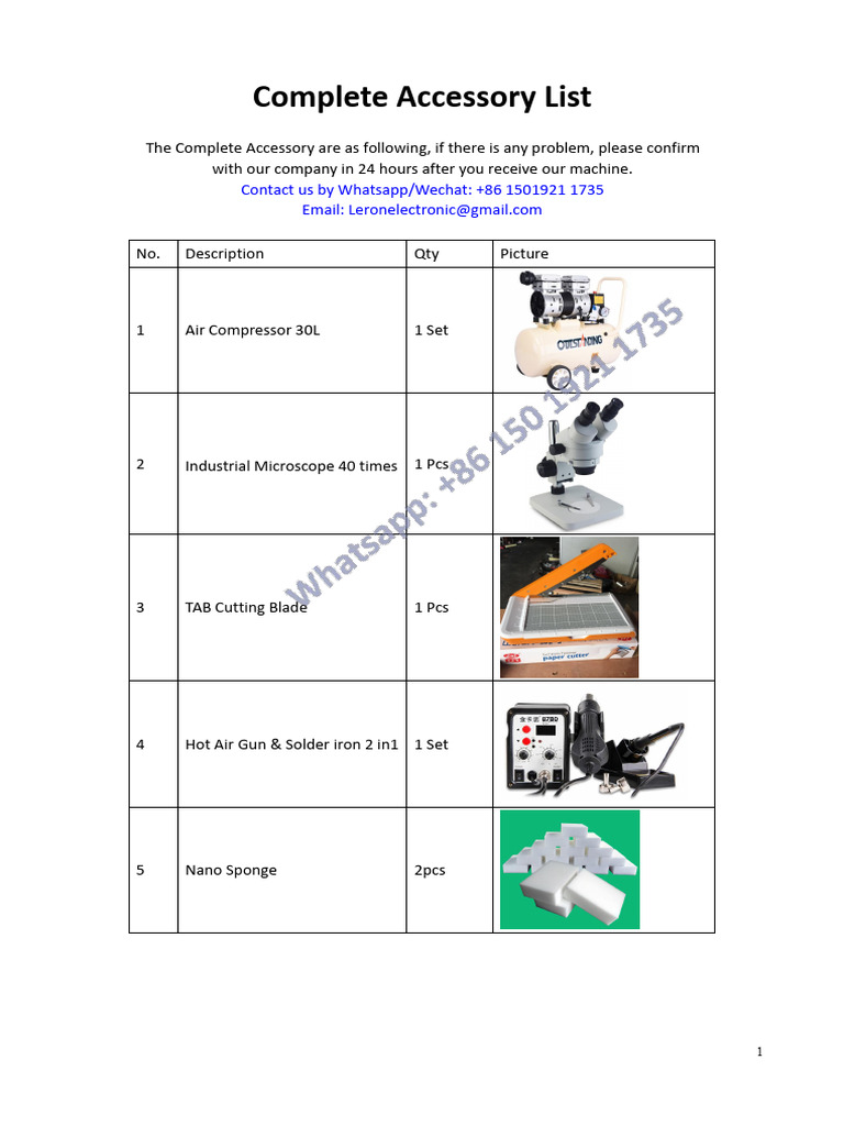 Complete Accessory List for Machines | PDF