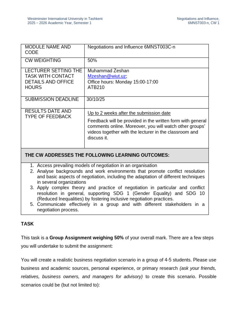 Negotiations and Influence Assignment Guide | PDF | Negotiation | Essays