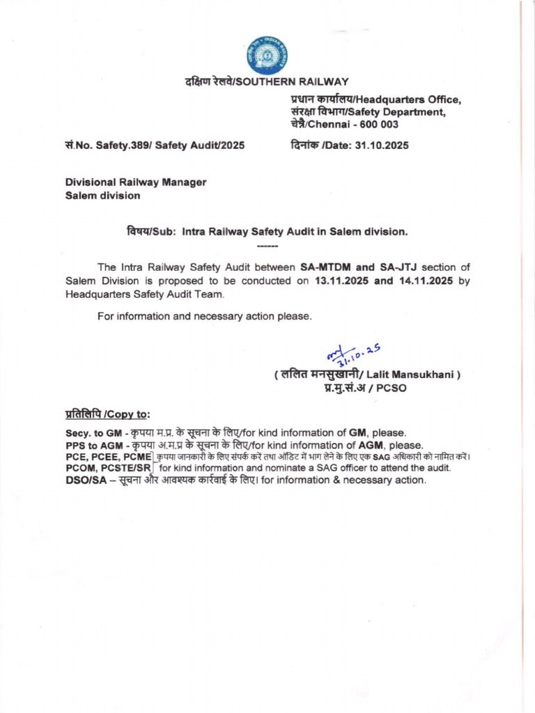 Intra Railway Safety Audit by HQ | PDF