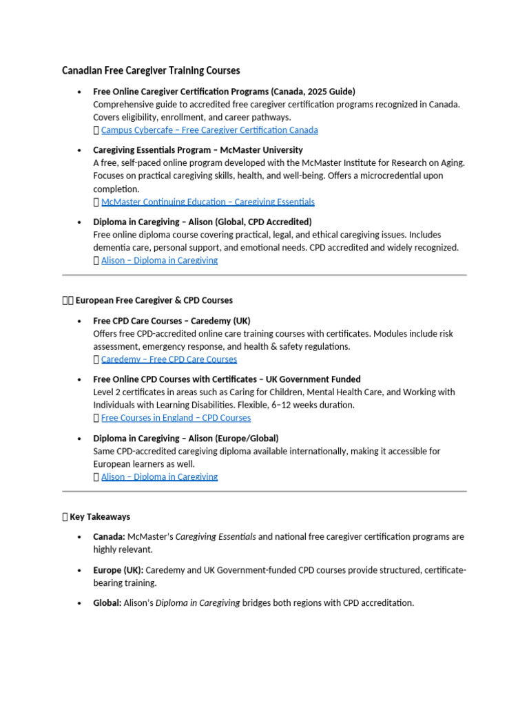 Canadian Free Caregiver Training Courses | PDF | Caregiver ...