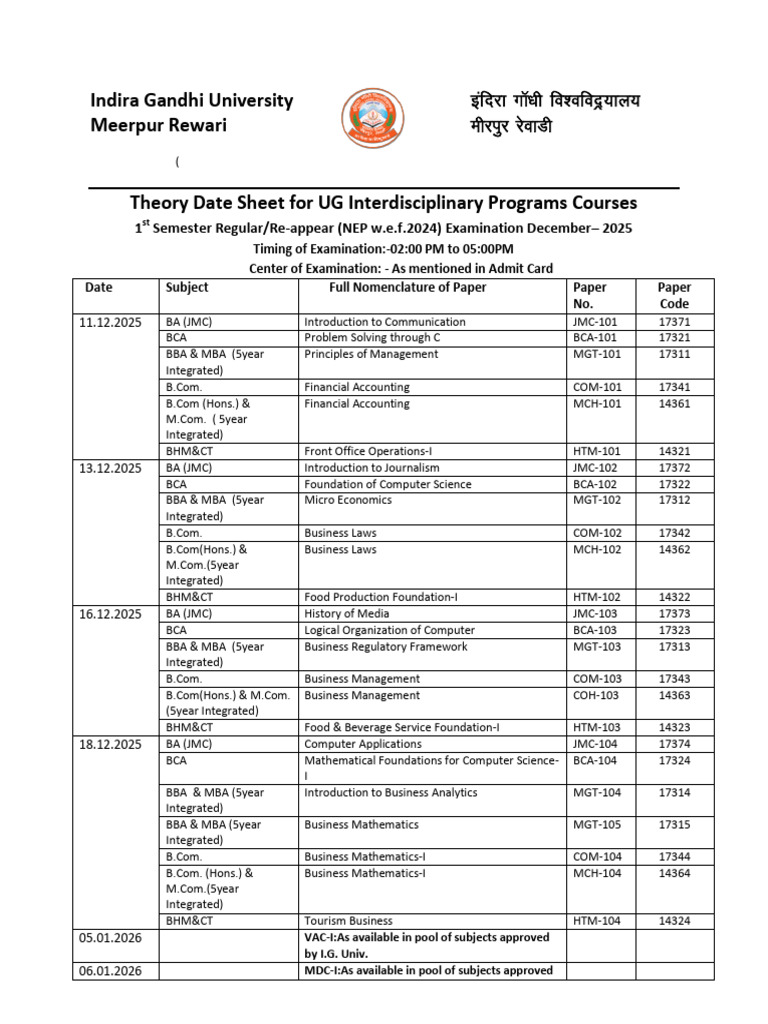 Indira Gandhi University UG Exam Date Sheet | PDF