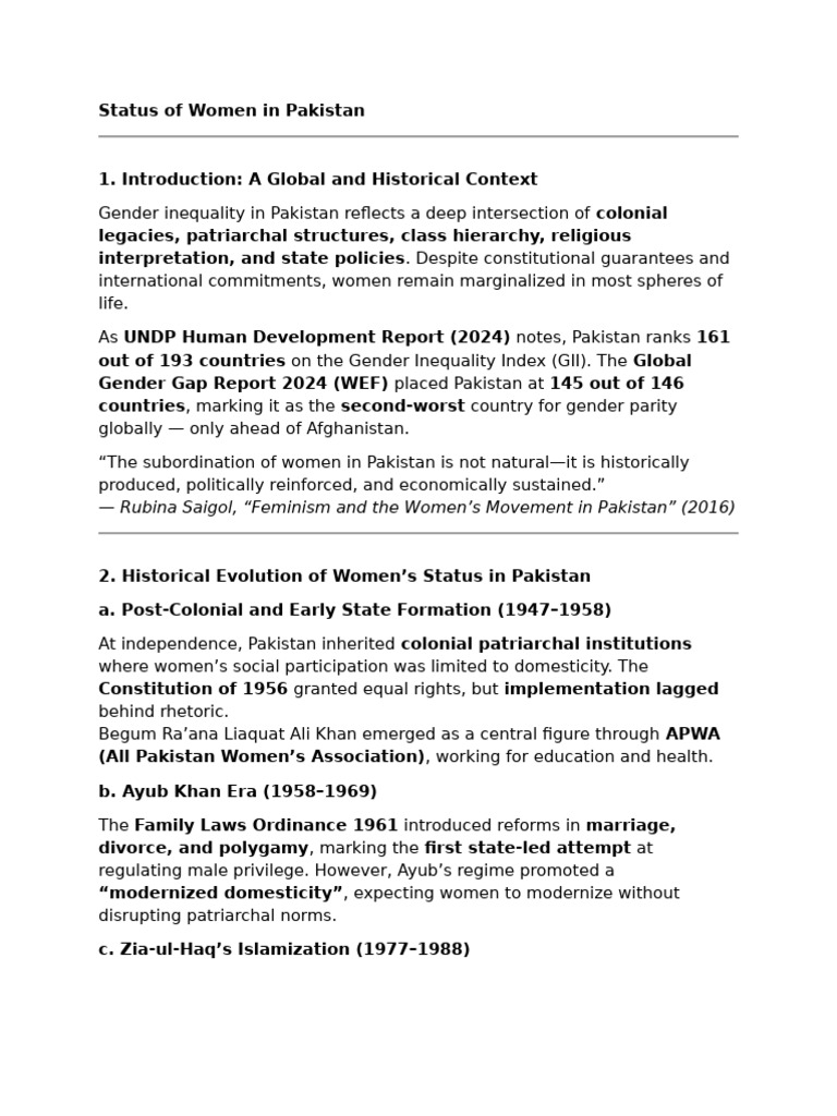 Women’s Status in Pakistan: An Overview | PDF | Woman | Feminism