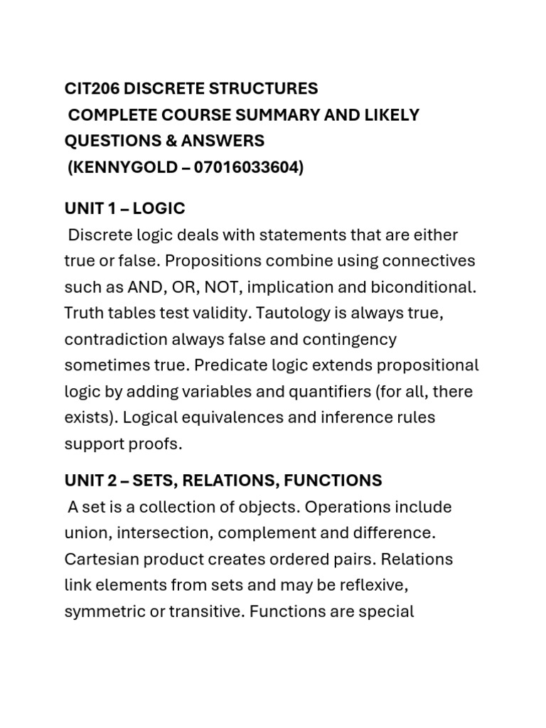 CIT206 Discrete Structures Course Overview | PDF | Set (Mathematics ...