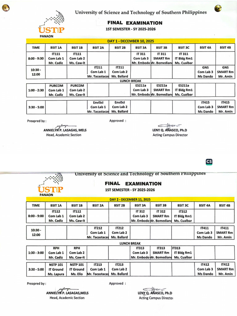 BSIT First Semester Final Exam Schedule | PDF
