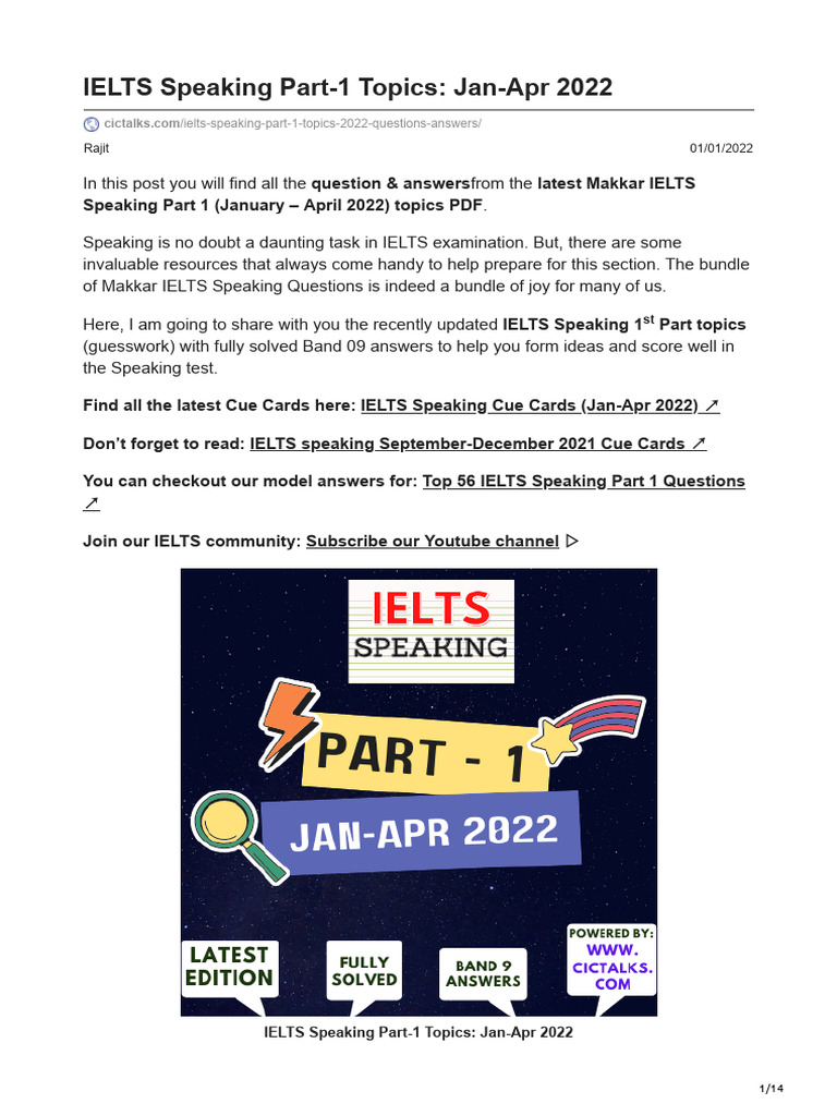 IELTS Speaking Part 1 Topics Jan To April 2022 Free PDF Download | PDF ...
