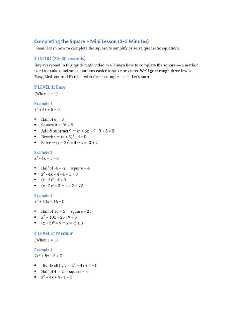 Completing The Square Mini Lesson | PDF